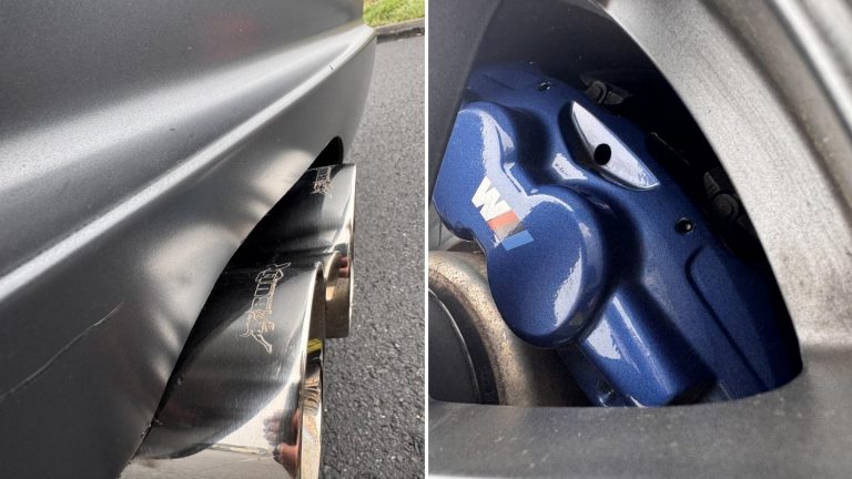 A close-up view of the professional track preparation and engineered details on the BMW 130i for the Nürburgring.