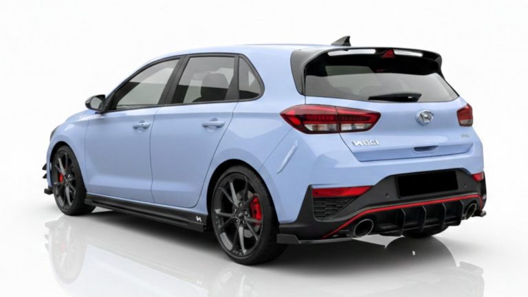 Hyundai i30N Rear view of the Hyundai i30 N track car featuring a mechanical limited-slip differential and sporty exhaust system.