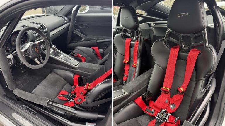 Interior of the Porsche GT4 track tool showing carbon bucket seats, a 6-point harness, and a full roll cage for Nordschleife safety.