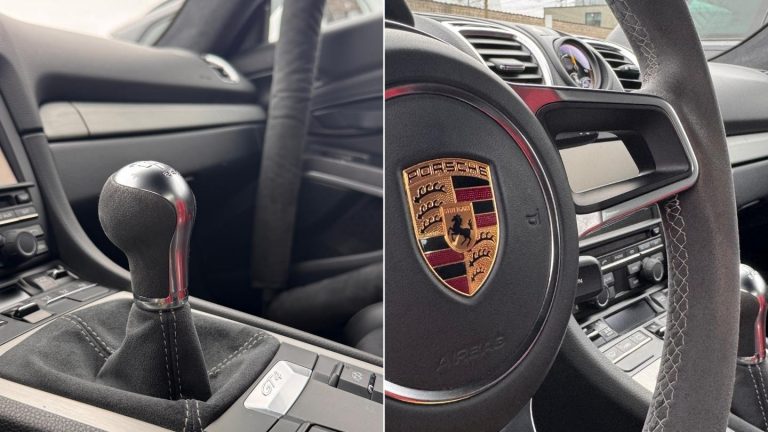 Driver cockpit of the Porsche Cayman GT4 rental car, featuring a precise 6-speed manual racing gearbox.